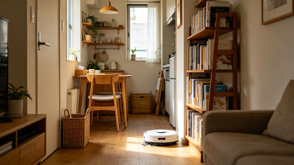 A compact white robot vacuum cleaning a narrow hallway in a small apartment