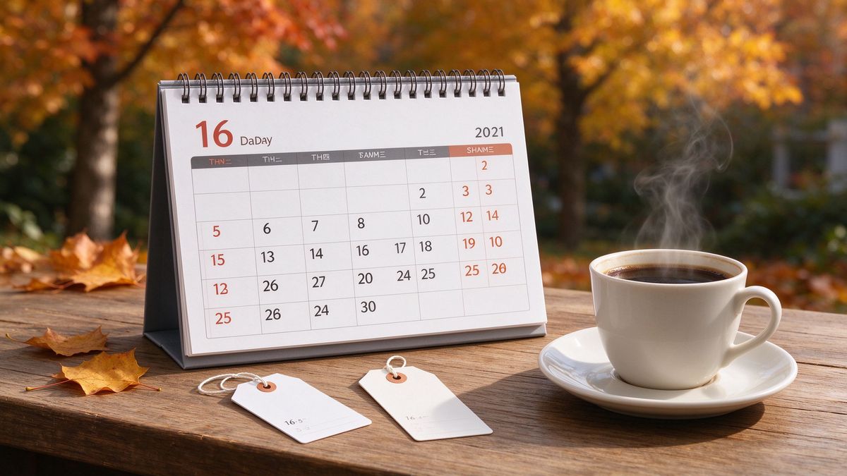 A calendar with two shopping tags beside a cup of coffee in autumn light