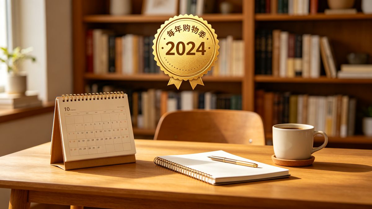 A desk calendar and notebook with a gold award badge above