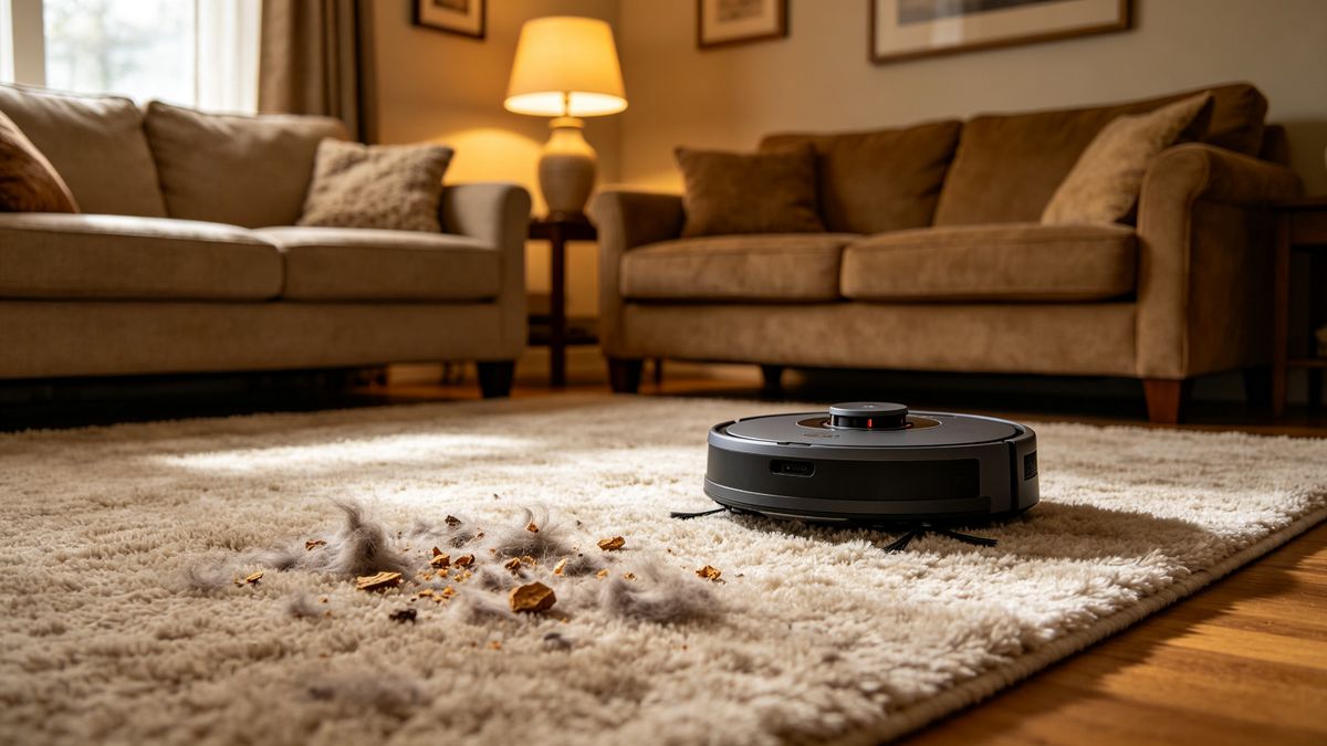 A robot vacuum cleaning a thick carpet in a living room