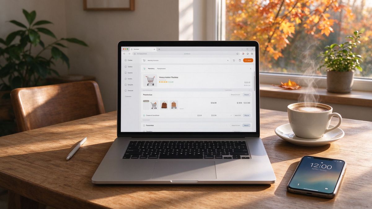 A laptop showing a shopping cart beside coffee and a phone in morning light