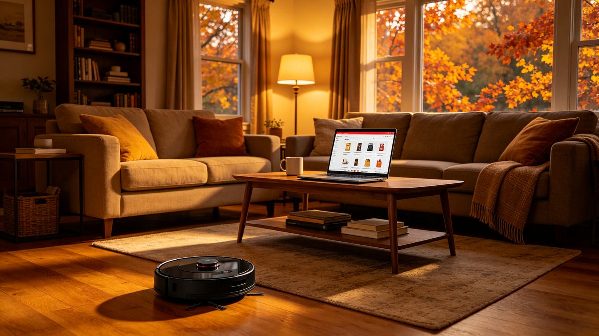A cozy fall-evening living room with a robot vacuum and a laptop open to shopping