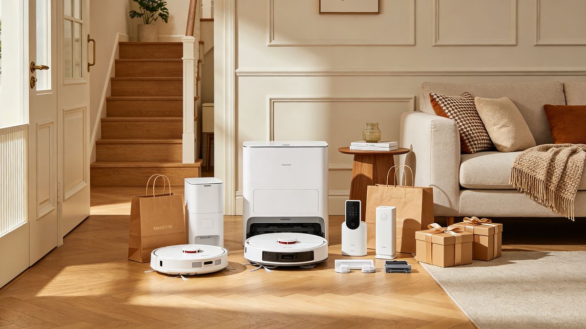 Smart home accessories and shopping bags in a cozy entryway