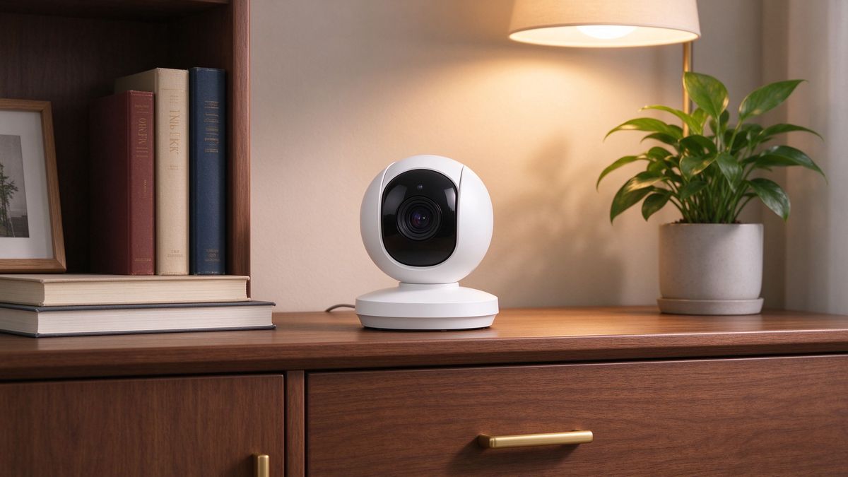 A white pan-tilt security camera on a wooden shelf in a warm study