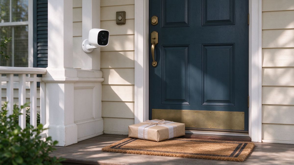 A white security camera above an entrance door with a delivered package on the mat