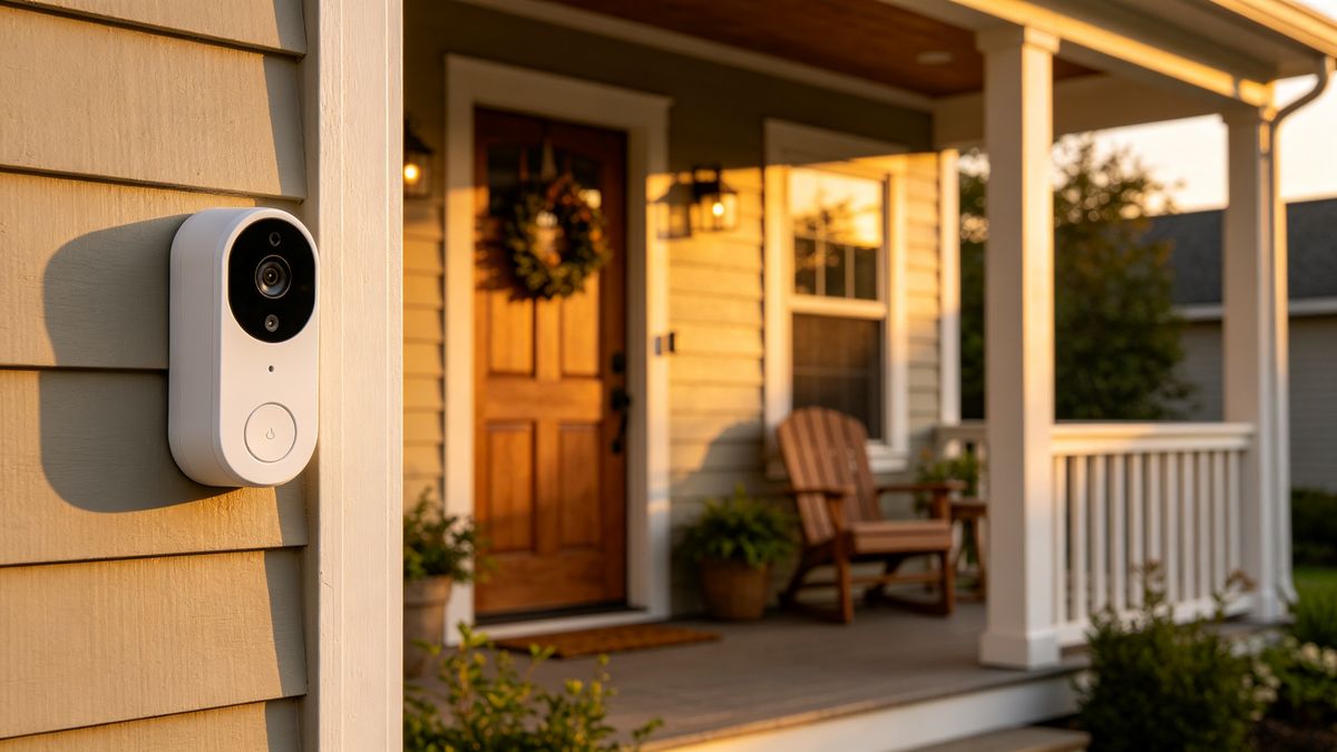 A white video doorbell mounted on a porch door frame at dusk