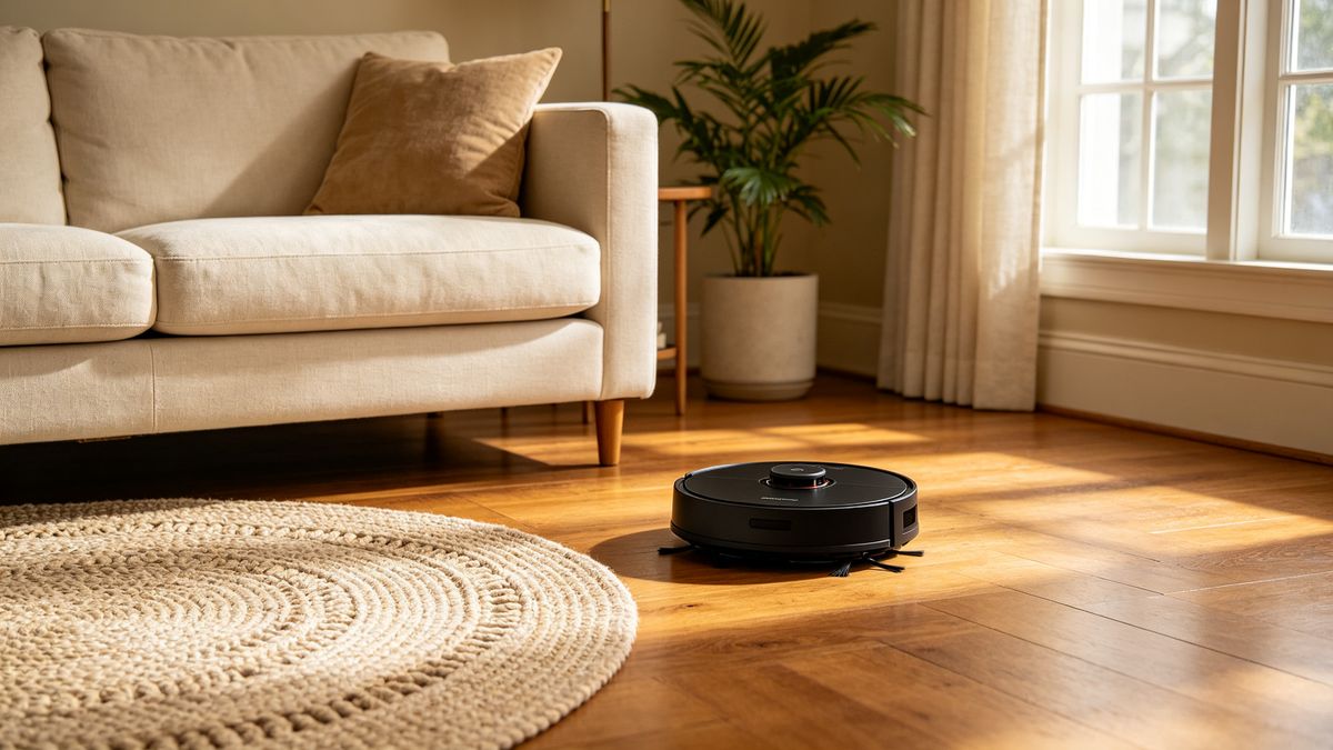 Dreame X40 Ultra cleaning a warm American living room