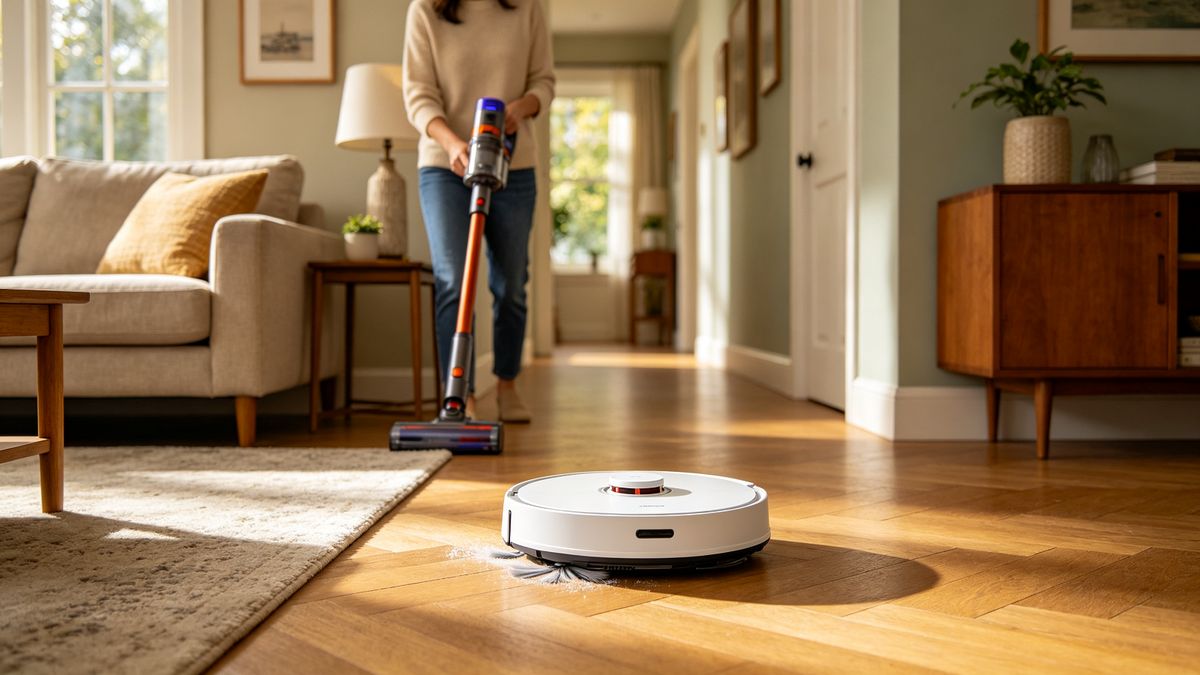 A person using a cordless stick vacuum while a robot vacuum cleans the floor