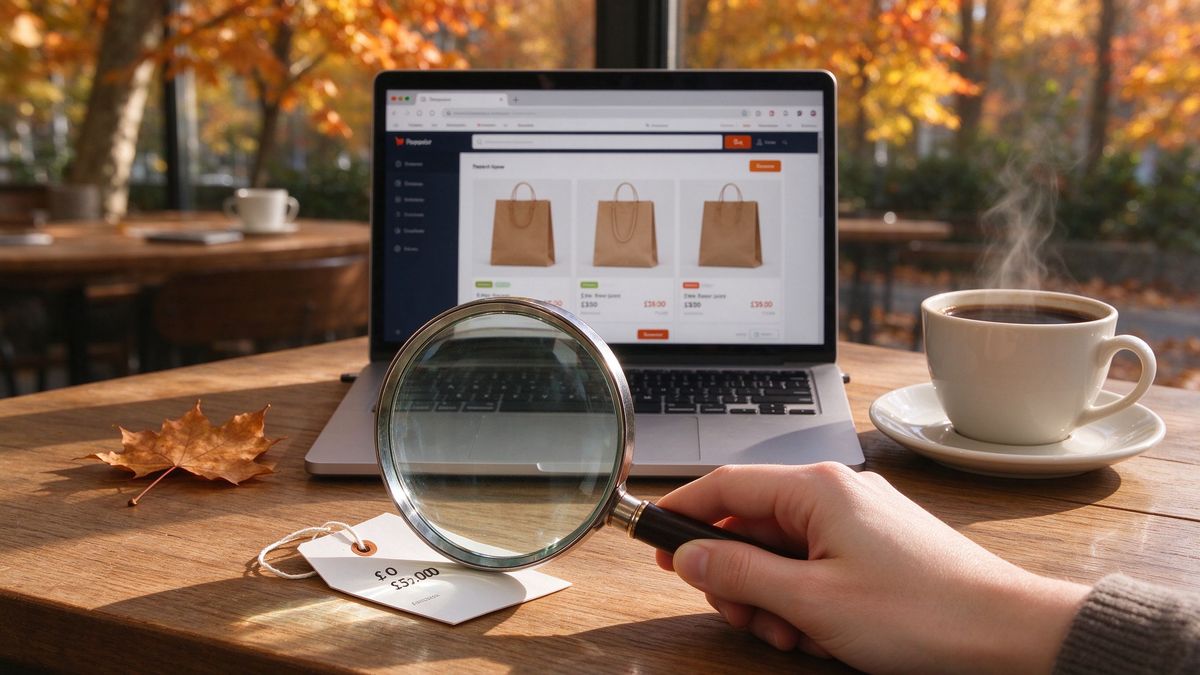 A magnifying glass inspecting a laptop shopping page with a price tag