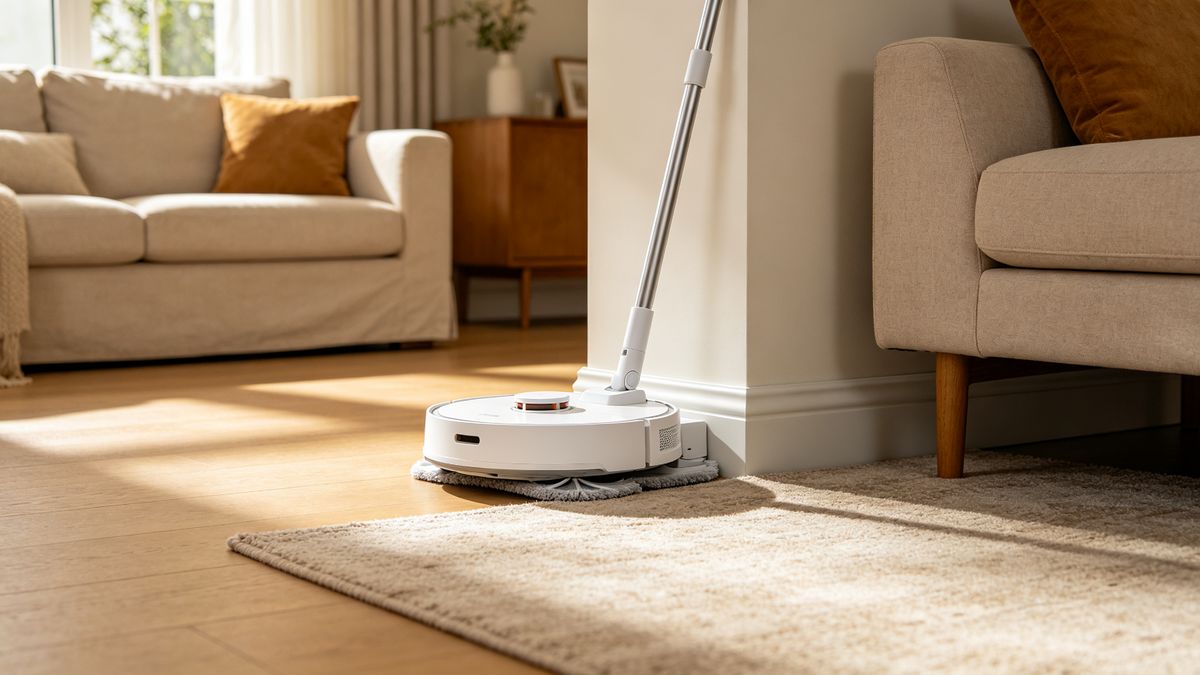 A robot vacuum with an extending mop arm at a baseboard, chassis lifted over a rug edge