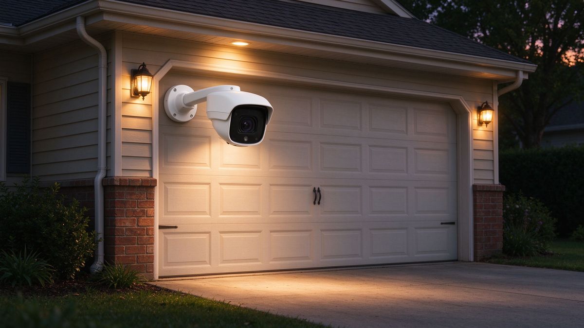 A white outdoor pan-tilt camera mounted beside a garage door in warm evening light