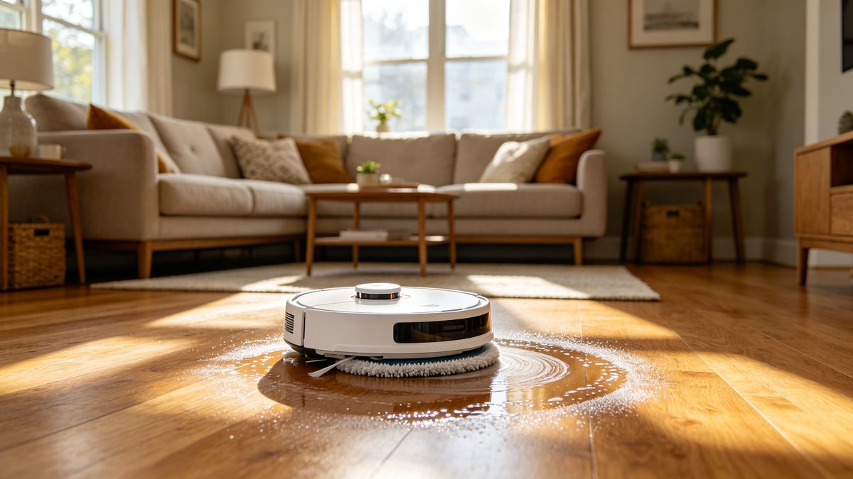 A white robot vacuum mopping a sunlit hardwood floor