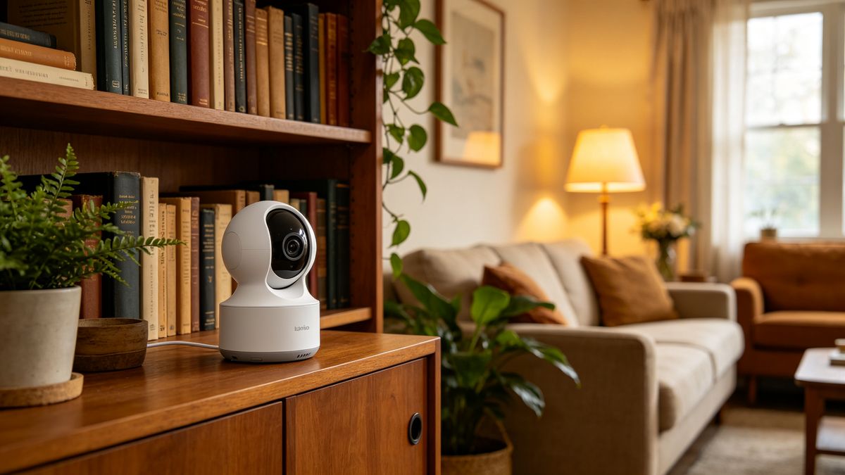 An indoor pan-tilt camera on a shelf in a warm living room