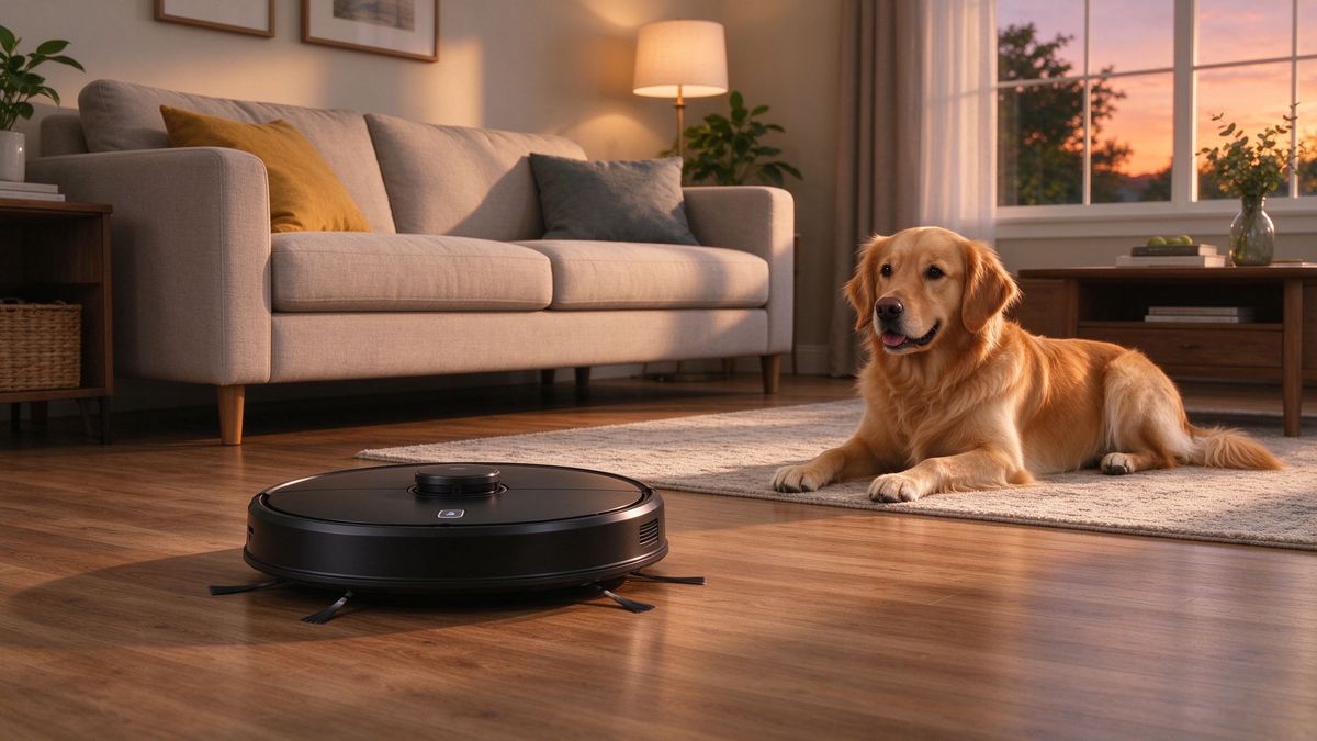 A black robot vacuum cleaning near a golden retriever on a rug in a warm living room