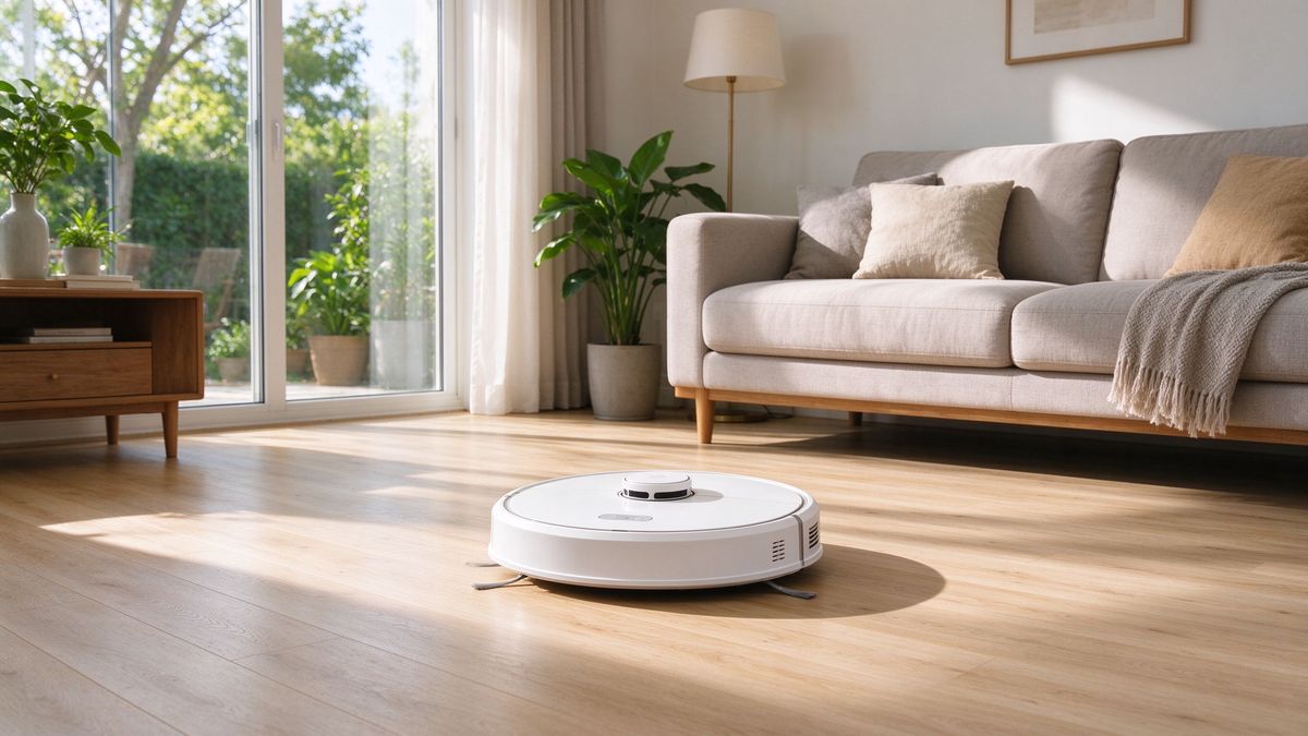 A white robot vacuum cleaning a light wood living room floor in sunlight