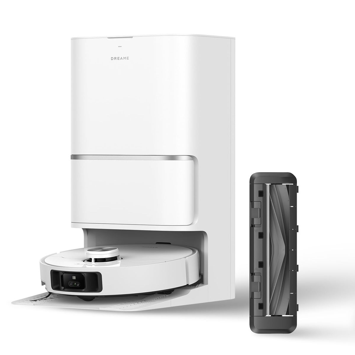 Dreame L40 Ultra white robot vacuum docked at its auto-empty base