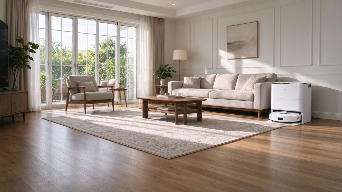A white flagship robot vacuum and base station in a spacious American living room