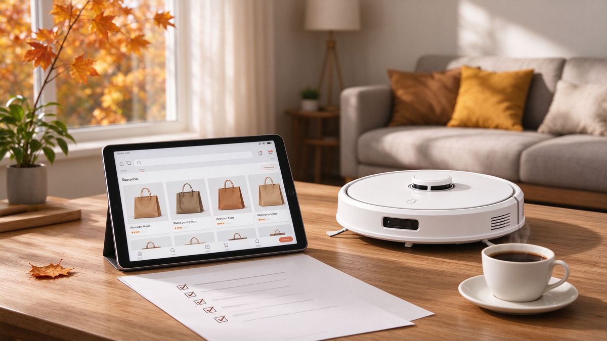 A tablet showing a shopping page beside a checklist and a robot vacuum model on a table