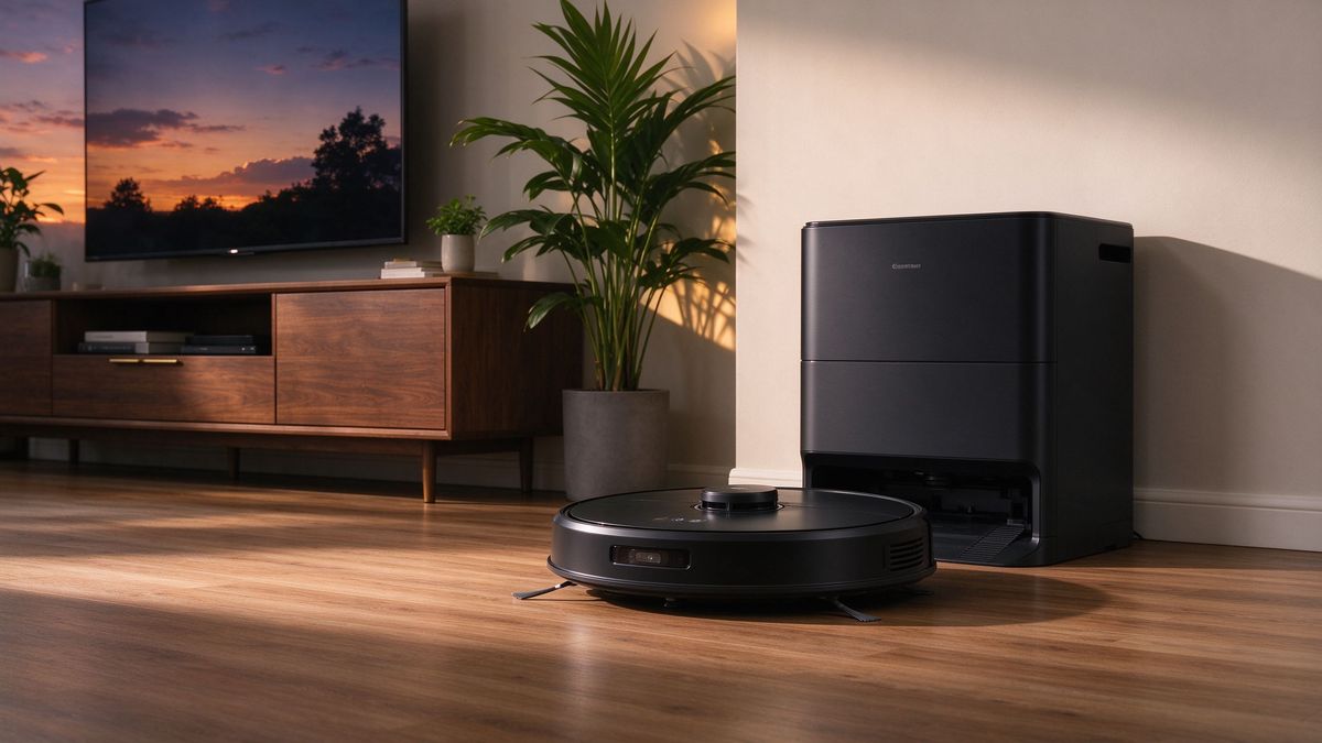 A black flagship robot vacuum and base station in a warm living room at dusk