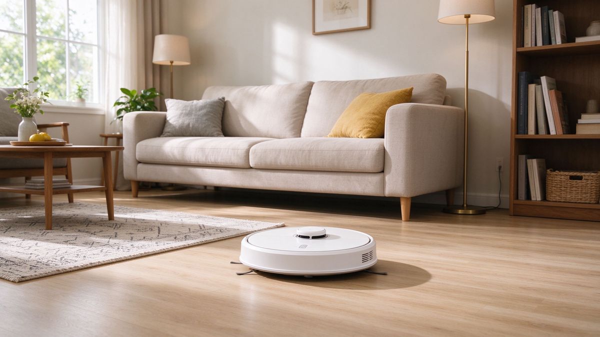 A white robot vacuum cleaning a light hardwood floor in a warm living room