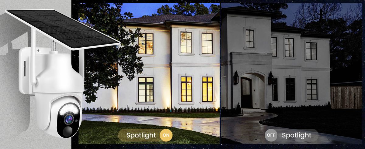 A solar security camera comparing spotlight-on and spotlight-off color night vision