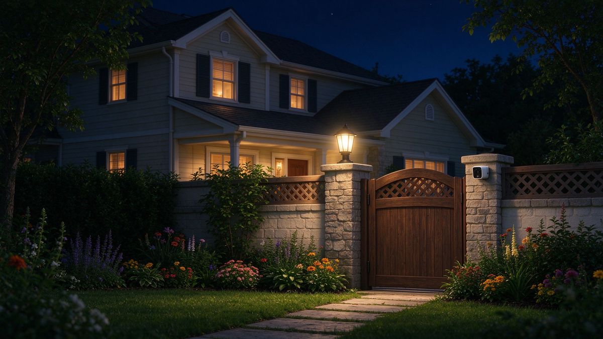 A house at night with warm lights and a camera-mounted gate post