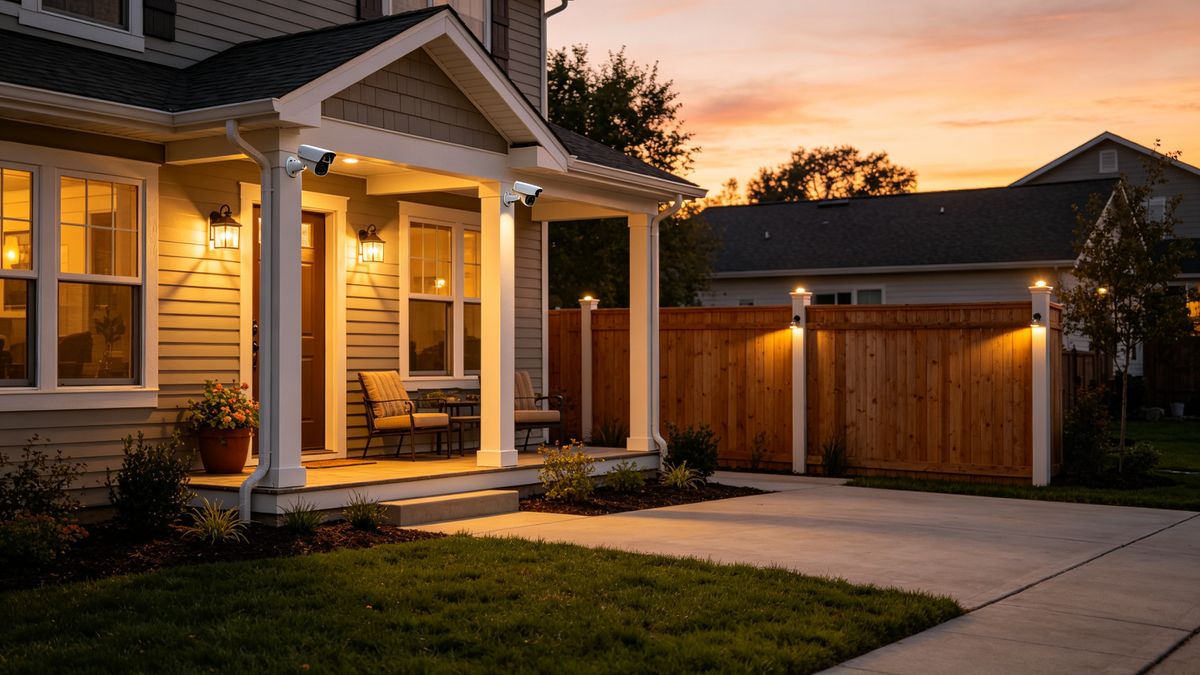 Outdoor security camera mounted on a porch eaves at dusk