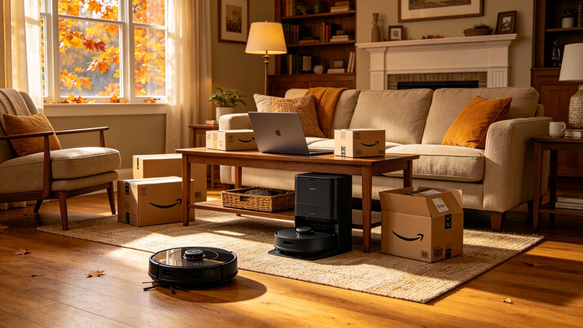 A warm fall living room with a robot vacuum, dock, and delivery boxes