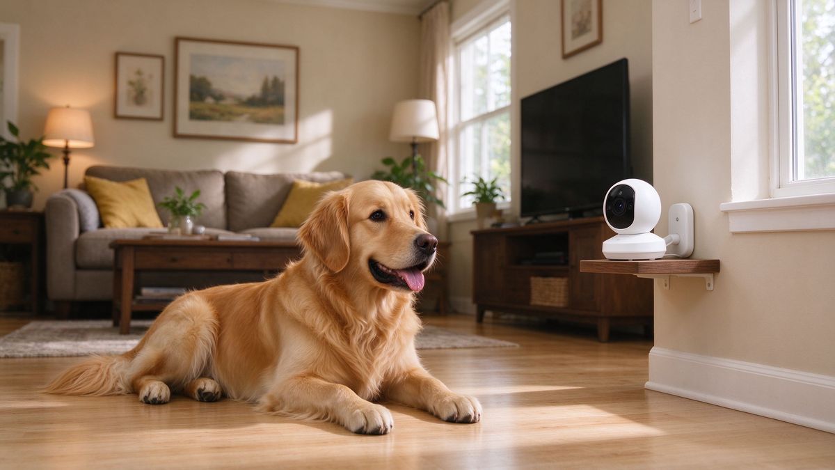 Indoor camera watching a dog at home