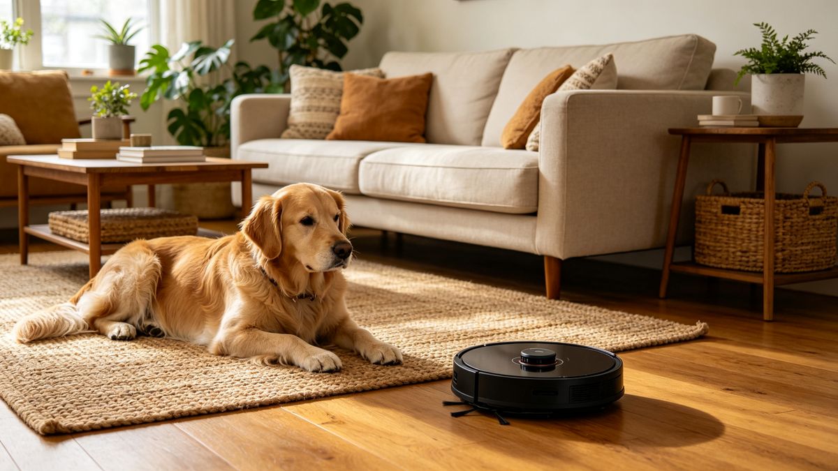 A golden retriever relaxing while a robot vacuum cleans the living room