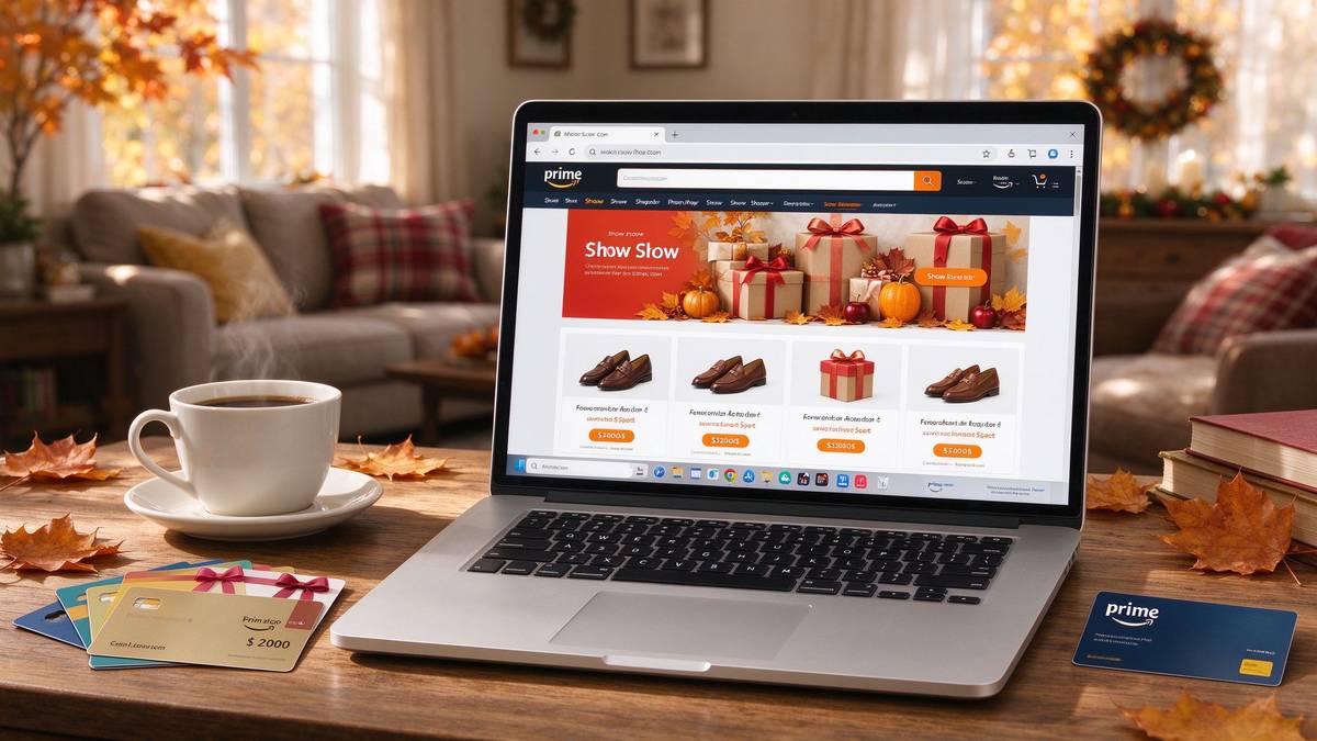 Autumn shopping prep with laptop and gift cards