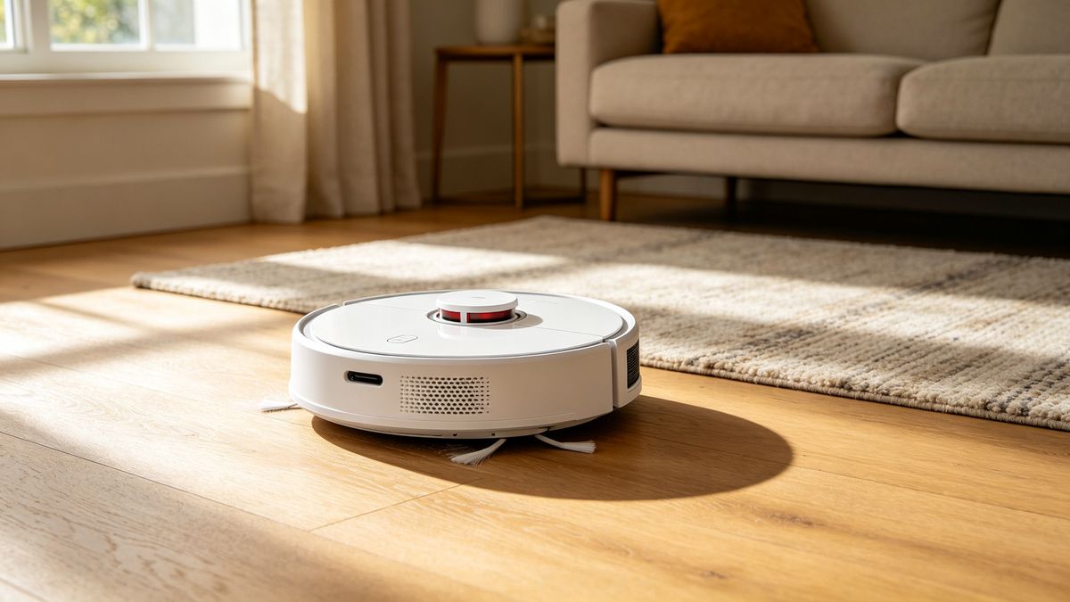 A white robot vacuum cleaning a light wood floor in a warm living room