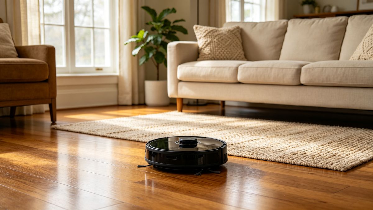 Robot vacuum cleaning a warm American living room