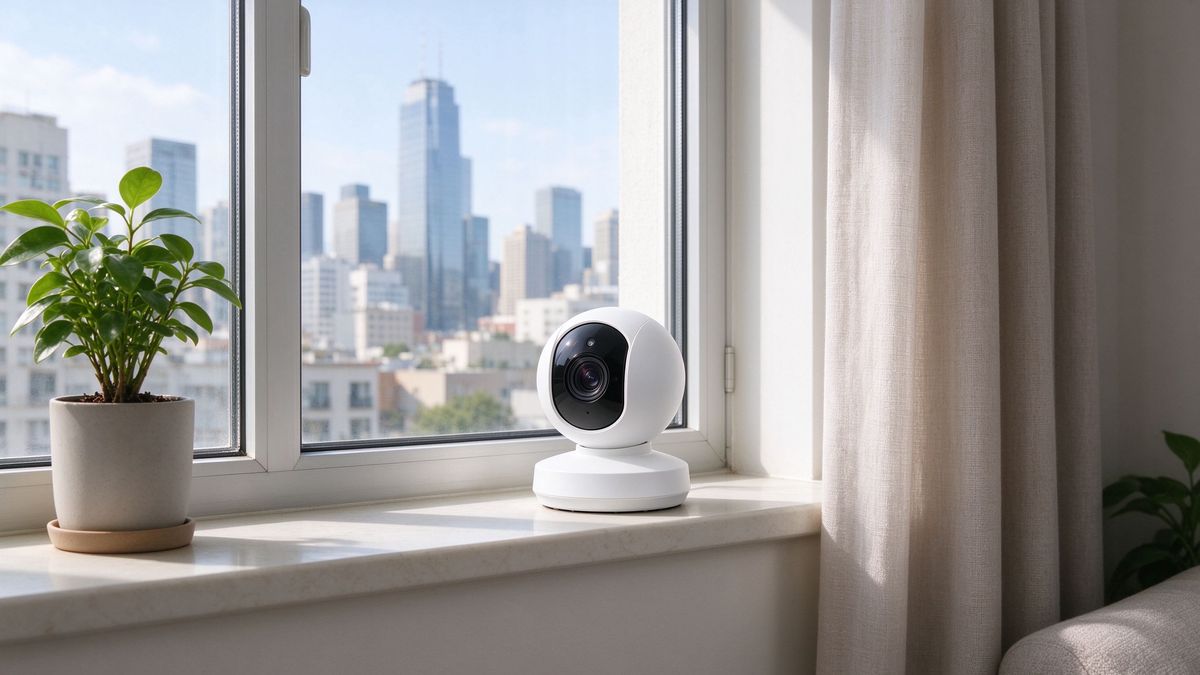 A small white security camera on an apartment windowsill facing inside