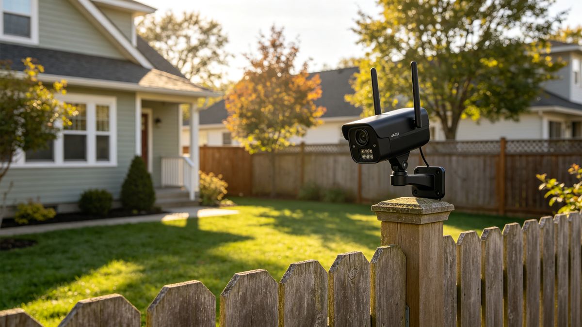A 4K wire-free camera on a backyard fence post