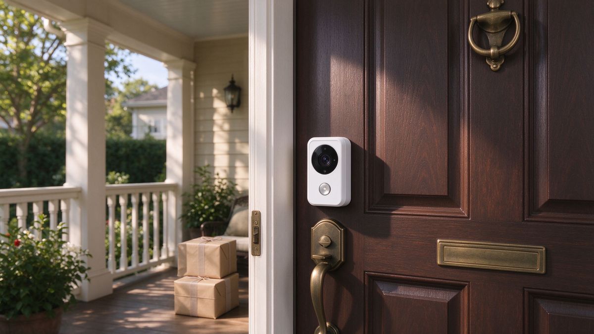 A white video doorbell beside a dark wood entrance door with a package on the step