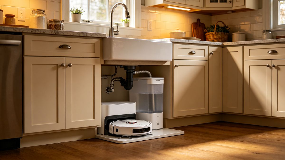 A white robot vacuum beside its station under a kitchen sink with a water faucet