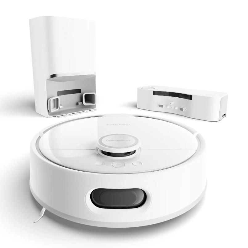 SwitchBot S10 robot vacuum with its charging dock and water station