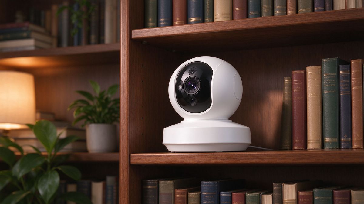 A white dual-lens security camera on a bookshelf in a study