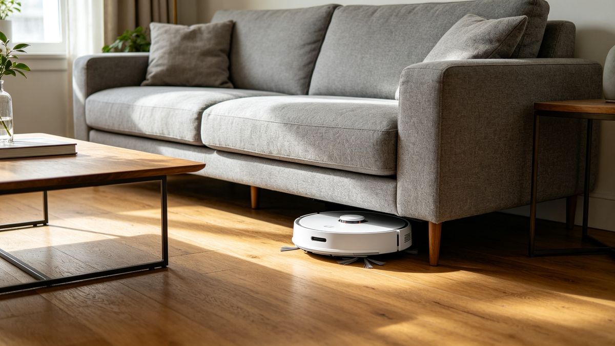 A slim white robot vacuum sliding under a low sofa in a modern living room