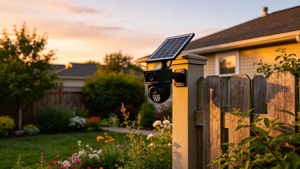 A black solar security camera with solar panel on a fence post at dusk
