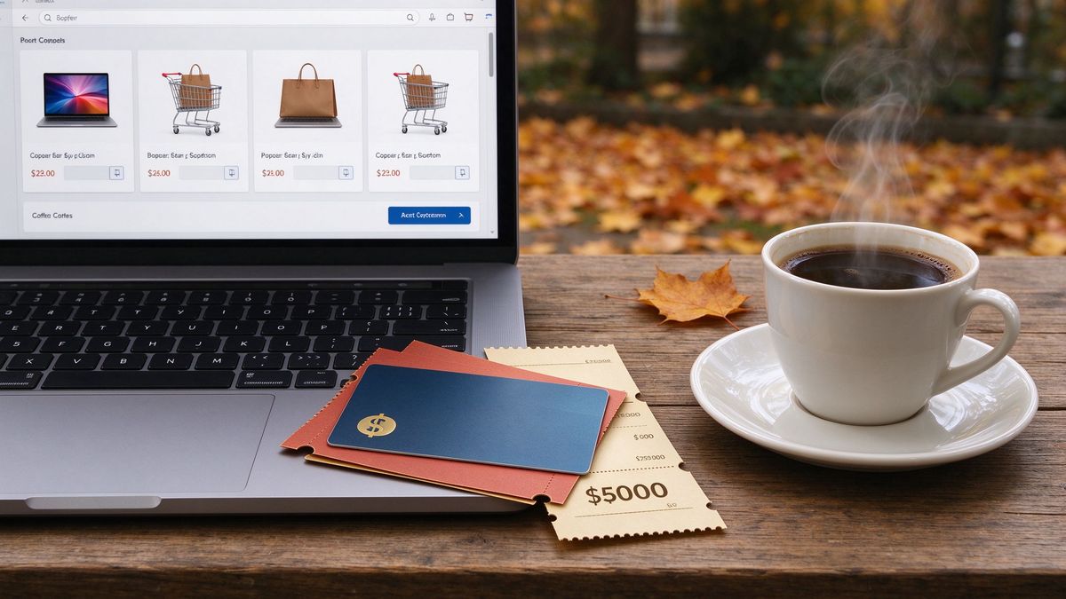 A laptop showing a shopping cart beside gift cards and coupons on a wooden table