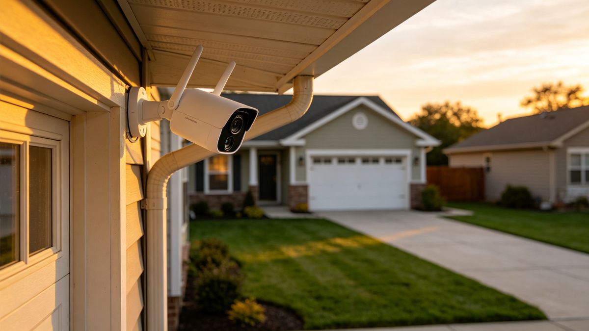 Tapo C425 mounted under an American porch eave at dusk