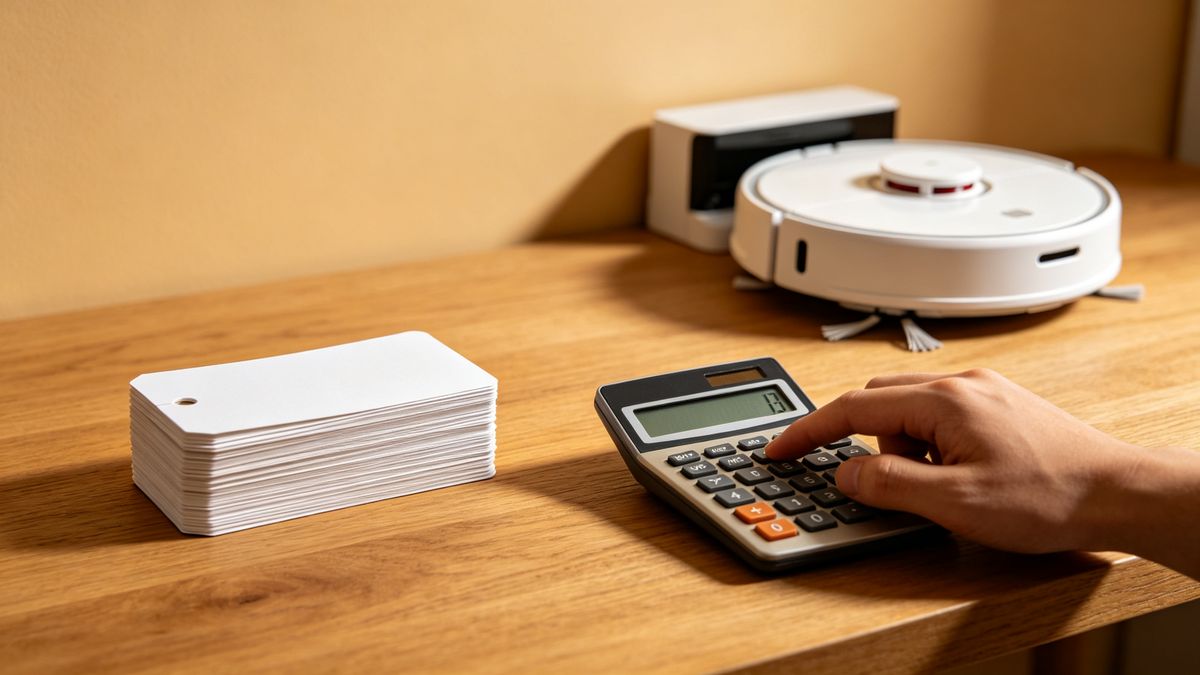 A hand pressing a calculator next to price tags and a small robot vacuum model