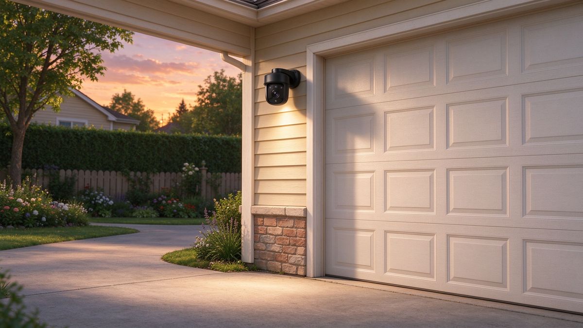 A black PTZ security camera mounted on a garage wall overlooking a driveway at dusk