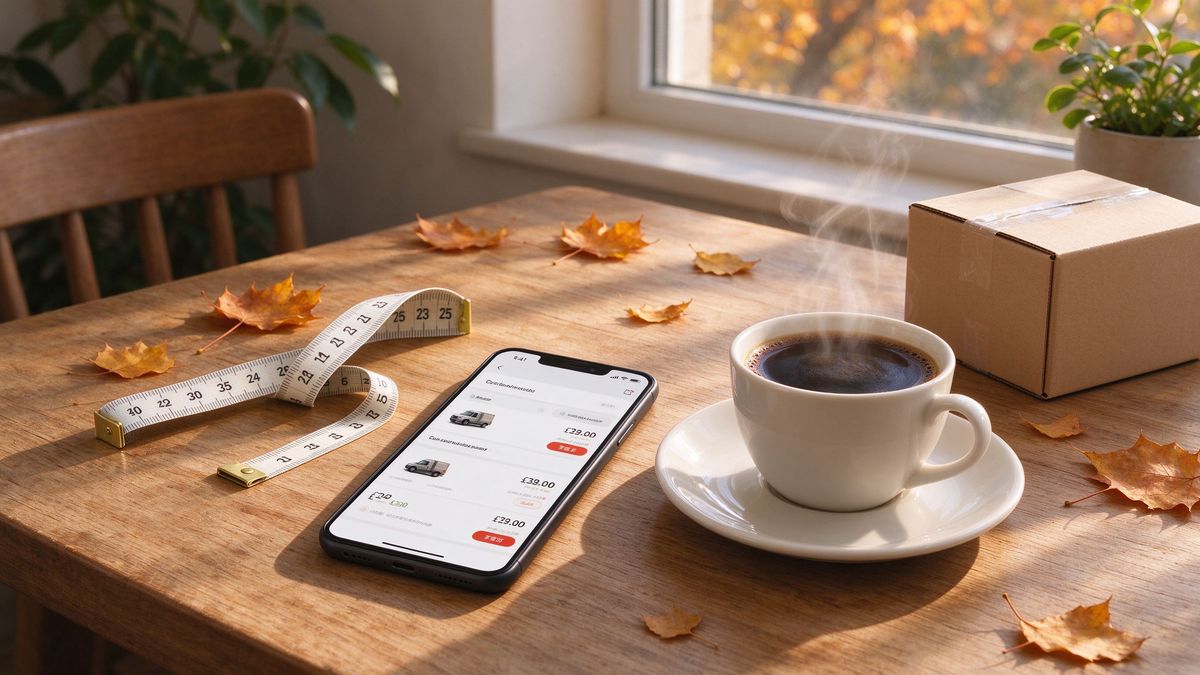 A smartphone showing a price page beside coffee and a small box on a table