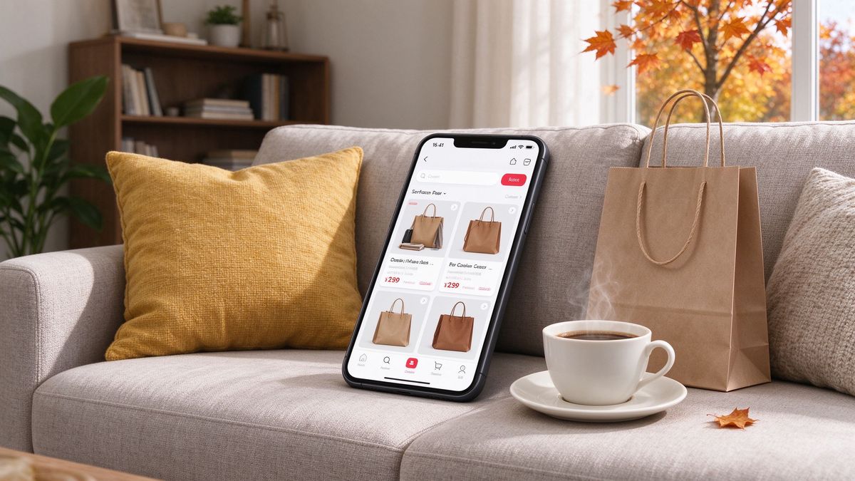 A phone showing a shopping page on a sofa with coffee and a shopping bag