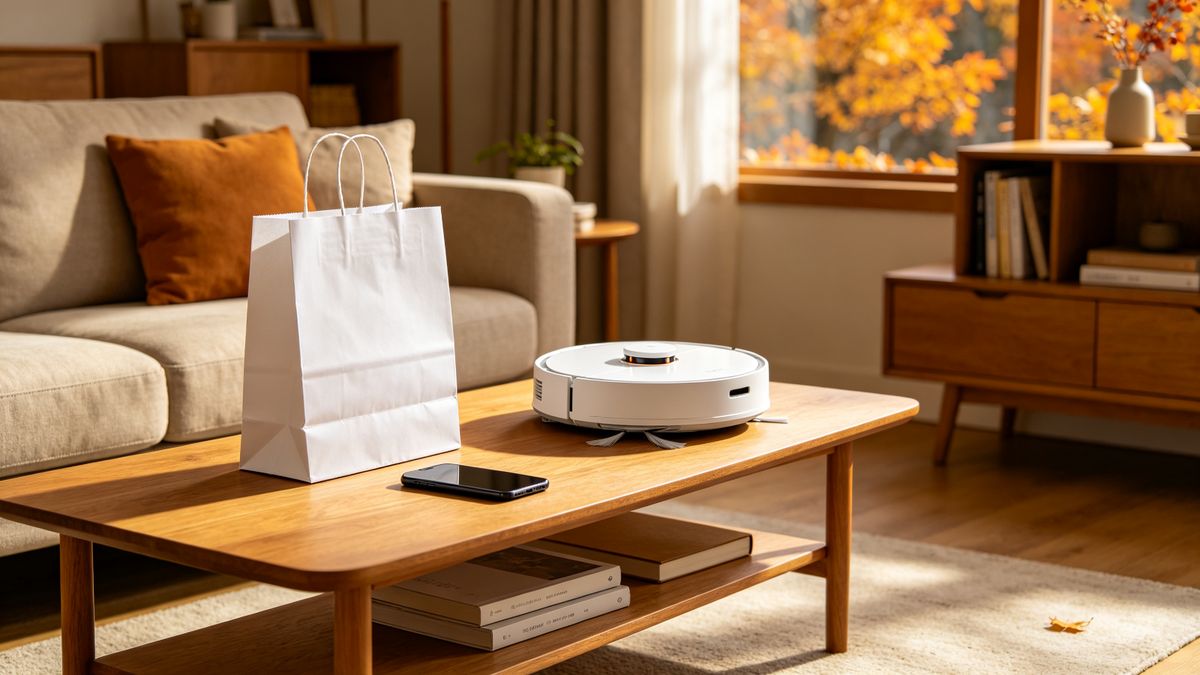 A shopping bag and a robot vacuum on a coffee table in fall light