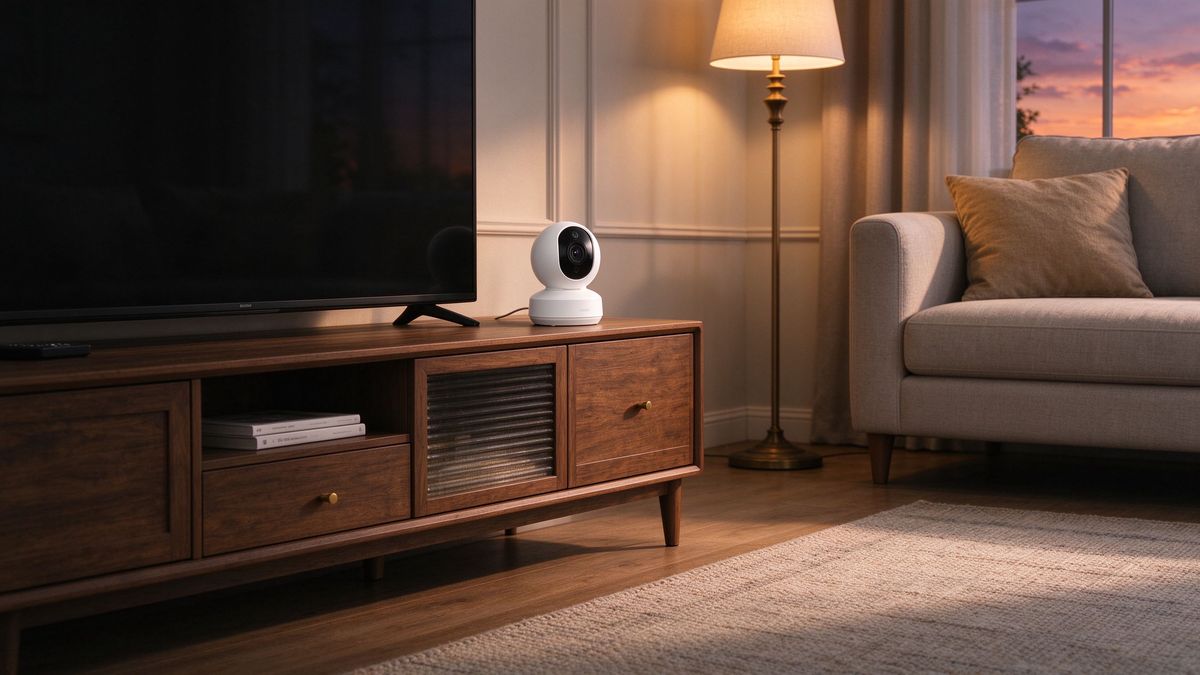 A small white security camera on a TV stand in a living room at dusk