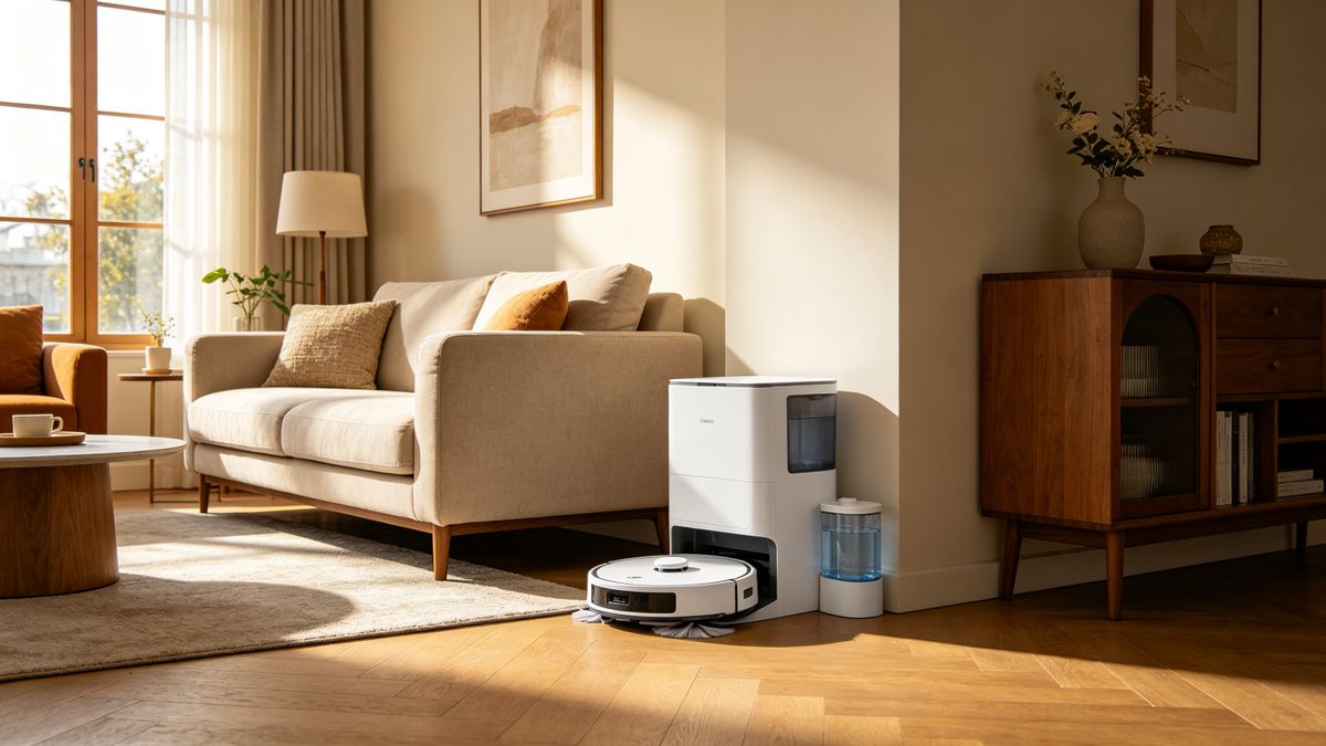 A white flagship robot vacuum and dock in a bright modern living room